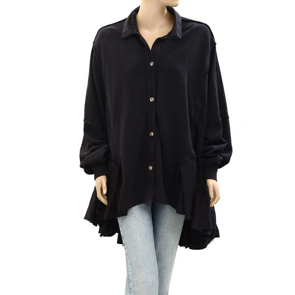 Free People Buttondown Sweatshirt Top Oversized Ruffle Black Cotton L NWD 282777 - Picture 5 of 11